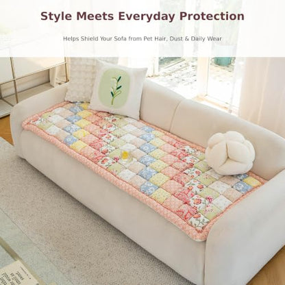 Pink Patchwork Cotton Couch Cover - Thick Non-Slip Sofa Seat Pad 27.6 x 70.9 in