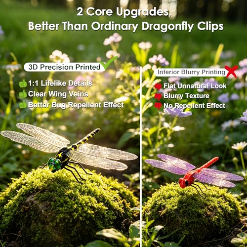 12 Pack Realistic 3D Dragonfly Garden Clips - Decorative Yard & Outdoor Decor