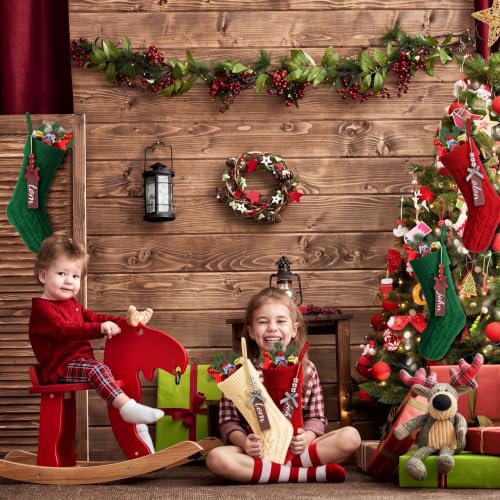 Christmas Stockings Set 12 with Wooden Name Tags Cable Knitted Design - Red, Green & White