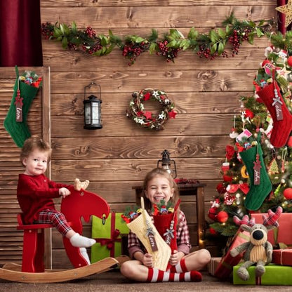 Christmas Stockings Set 12 with Wooden Name Tags Cable Knitted Design - Red, Green & White