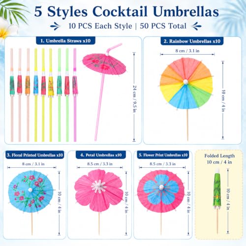 50 PCS Colorful Tropical Cocktail Umbrella Straws and Picks Set
