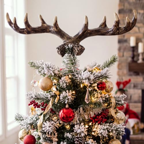 Christmas Deer Tree Topper with Antlers - Rustic Woodland 16 Inch Resin Decor