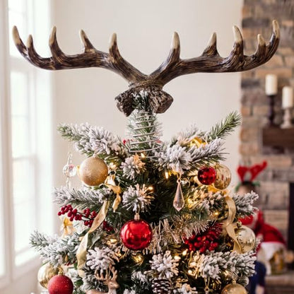 Christmas Deer Tree Topper with Antlers - Rustic Woodland 16 Inch Resin Decor