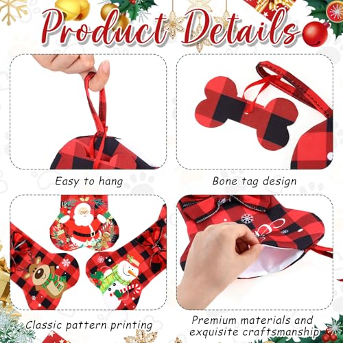 3 Pack Dog Christmas Stockings Bone Shape Buffalo Plaid Large Holiday Decor