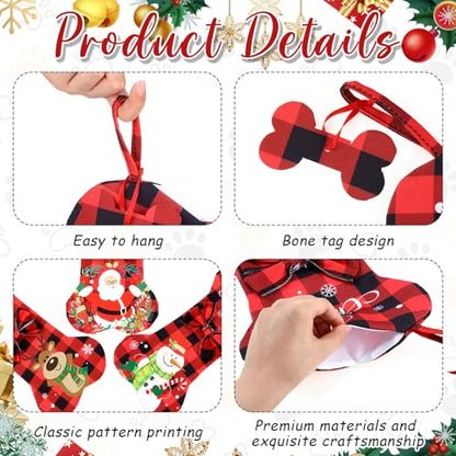 3 Pack Dog Christmas Stockings Bone Shape Buffalo Plaid Large Holiday Decor