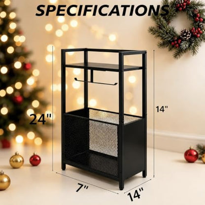 Black Freestanding Toilet Paper Holder Stand with Metal Mesh Basket and Storage