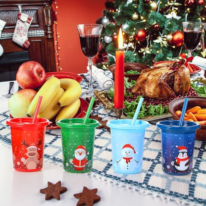 Christmas Plastic Cups with Straws and Lids - 10 Oz 12 Pack