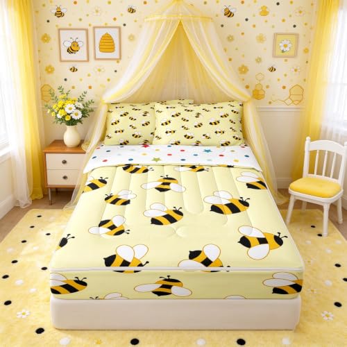 Castle Fairy Baby Twin Bedding Set with Honey Bee Comforter and Zipper Fitted Sheet - Yellow, Kids Bed in a Bag