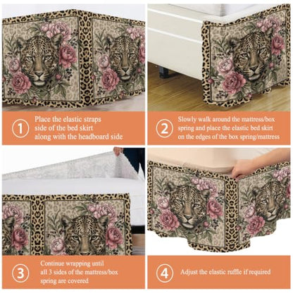 Adjustable Leopard Print Bed Skirt for Queen Size Bed 18 Inch Drop Blush Tan Olive Mauve