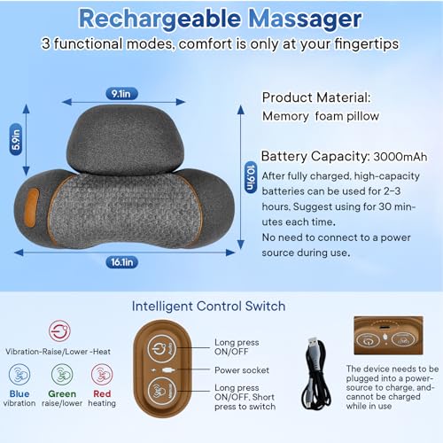 Cordless 3-in-1 Neck Massage Pillow with Heat, Traction & Auto Mode - Gray