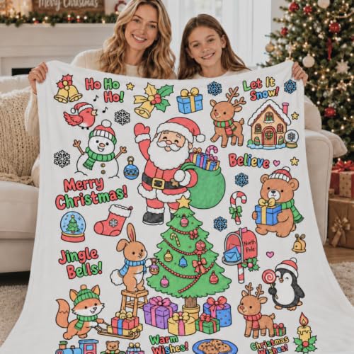 Merry Christmas Coloring Blanket for Adults & Kids - 50 x 60 Inch with 24 Markers