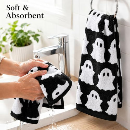 Halloween Ghost Hand Towels Set - Black & White Cotton Decorative Kitchen & Bathroom Towels