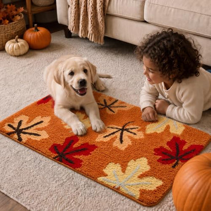 Fall Bathroom Rug 24x36 Inches, Non Slip Washable Orange Bath Mat