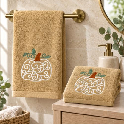 Fall Hand Towels with Scroll Pumpkin Embroidery - Cream, Rust & Green Leaves - 16x25 Inch