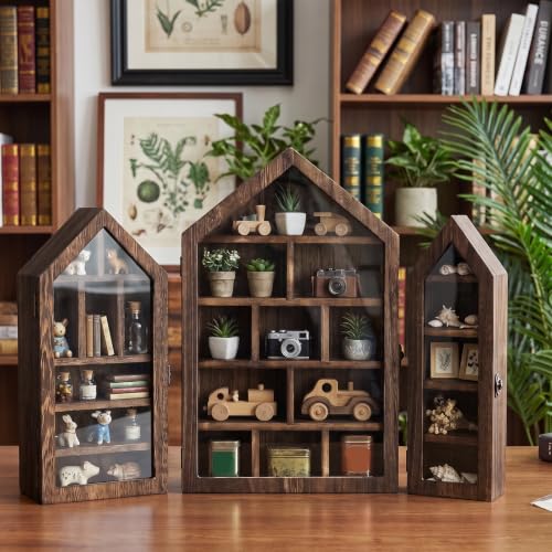 Brown House-Shaped Wooden Trinket Shelf Set with Doors - 3 Pieces
