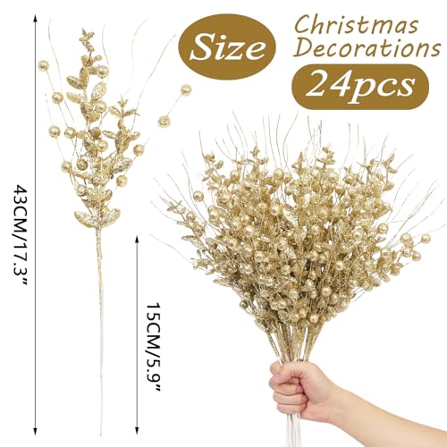 Gold Christmas Glitter Twig Ornaments Set - 24 Pack Holiday Tree Decorations - Variation: Gold-a