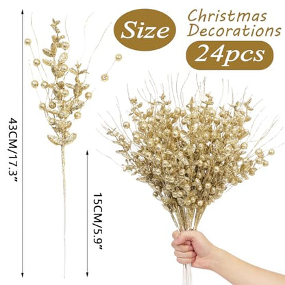 Gold Christmas Glitter Twig Ornaments Set - 24 Pack Holiday Tree Decorations - Variation: Gold-a