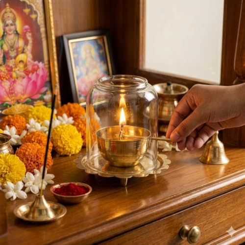 Brass Akhand Jyot Diya with Glass Cover and Adjustable Wick Control