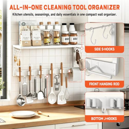 White Wall Mount Broom Holder with Shelf and Hooks - Heavy Duty Garage Organizer