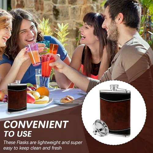 Leather-Wrapped 8 oz Stainless Steel Liquor Flasks Set with Funnel - Leakproof Whiskey Drinking Bottles for Weddings & Parties