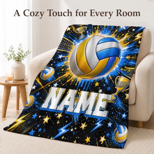 Personalized Volleyball Blanket for Kids with Name - Blue Throw