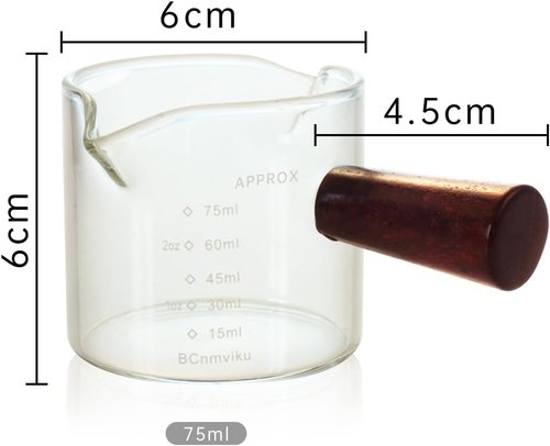 BCnmviku Double Spouts Measuring Pitcher - 75ML Clear Glass Milk Cup with Wood Handle