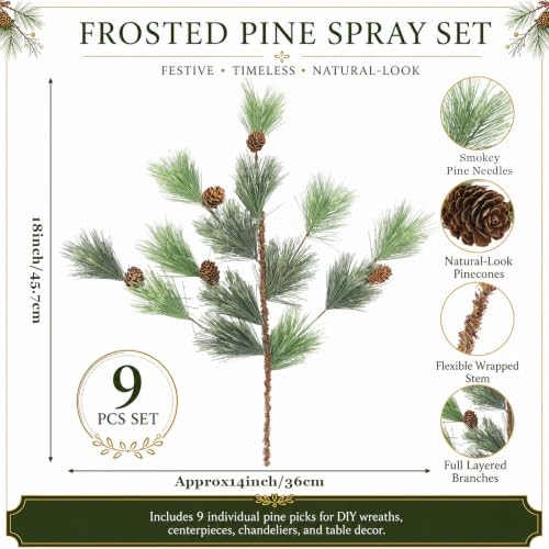 Artificial Pine Branches with Cones - Smokey Gray Green Christmas Picks - 9 Pack