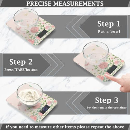 QwThum Food Scale Kitchen Digital Scale Food Ounces and Grams Dieting Baking Cooking Waterproof Glass Panels LCD Display,4 Units Scale Tare Function Pink Roses and Dragonfly Butterfly