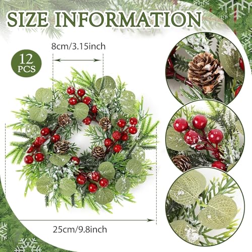 Christmas Candle Ring Set - 12 Mini Red Berry Pine Wreaths for Holiday Decor - Variation of Christmas / 12