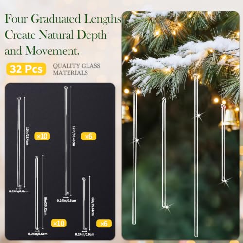 Handmade Glass Icicle Christmas Ornaments Set - Crystal Clear Holiday Decor, 32 Pieces