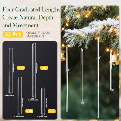Handmade Glass Icicle Christmas Ornaments Set - Crystal Clear Holiday Decor, 32 Pieces