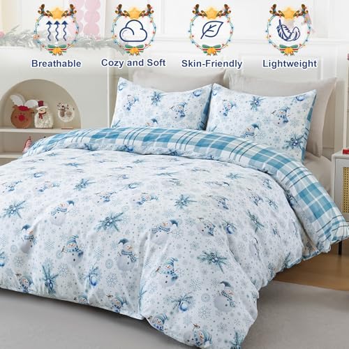 King Size Christmas Snowman Duvet Cover Set with Pillow Shams - Reversible Plaid Holiday Bedding, Blue Variation