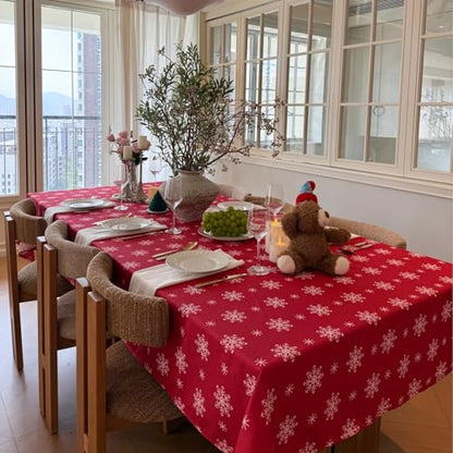 Red Snowflake Tablecloth 60x108 Inches - Holiday Spillproof Cotton Linen Cover for Christmas & Winter Parties - Variation: Red Dne / 108"x 60"