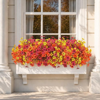 Artificial Fall Mums Flowers for Outdoors Porch Decoration - Burgundy, Orange, Yellow - 12 Bundles