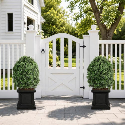 Artificial Boxwood Topiary Bush Set - 2 Pack 27 Inch Outdoor Faux Greenery with Metal Ground Spikes