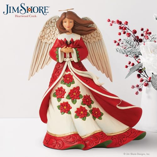 Christmas Angel Figurine with Cardinals and Poinsettias, 8.66 Inch Holiday Decor
