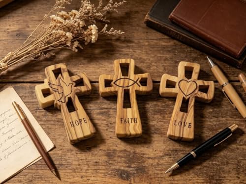 Set of 3 Olive Wood Christian Crosses Faith Hope Love Hand Carved Bethlehem