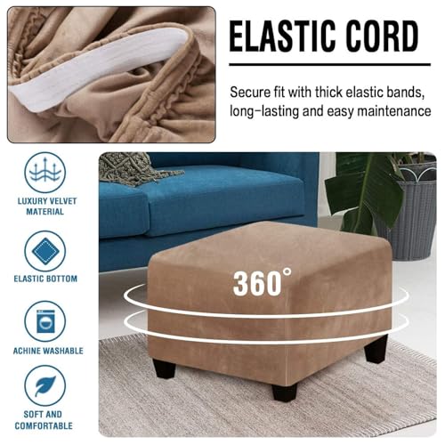 Square Ottoman Cover 14-44 Inch Stretch Checked Slipcover with Elastic - Camel 14/35x35cm