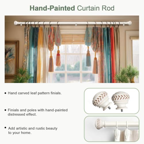 Adjustable White Curtain Rod 72-144 Inch with Antique Finials - Rustic Style