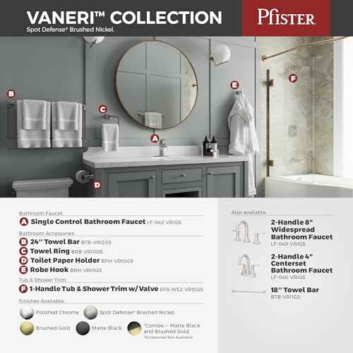 Pfister Vaneri Toilet Paper Holder, Bathroom Tissue Roll Holder, Wall-Mounted, Screw-In, Spot Defense Brushed Nickel Finish, BPHVRI0GS