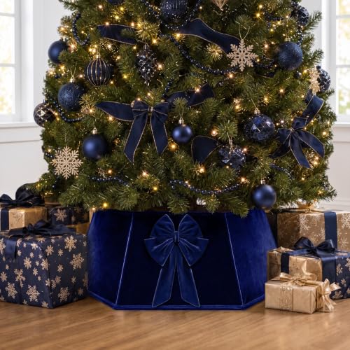 Navy Blue Velvet Hexagonal Christmas Tree Collar with Bow 24 Inch - Skylety