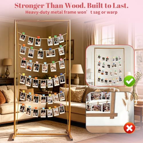 60 Inch Metal Photo Display Board with 30 Wooden Clips - Rustic Gallery Wall