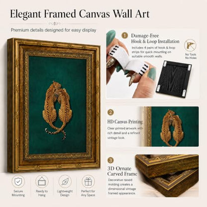 Emerald Cheetah Wall Art Canvas Print - Gold Frame Safari Decor 24x16