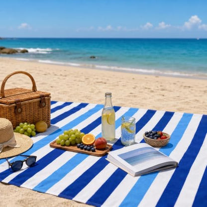 Lightweight Blue Cabana Stripe Beach Blanket 35 x 70 Outdoor Mat - Portable & Multi-Purpose