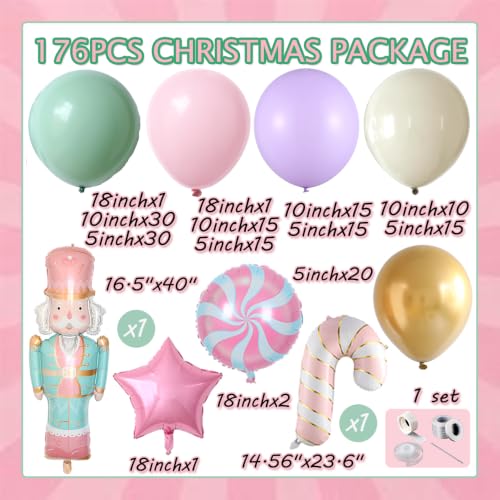 Pastel Christmas Balloon Garland Arch Kit – 176 Pcs with Nutcracker & Candy Cane Foil Balloons – Green, Pink, Purple (Variation: Green Pink Purple)