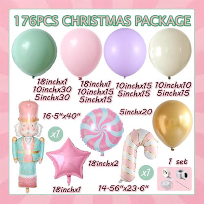 Pastel Christmas Balloon Garland Arch Kit – 176 Pcs with Nutcracker & Candy Cane Foil Balloons – Green, Pink, Purple (Variation: Green Pink Purple)