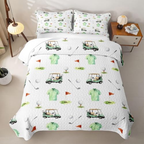 Full Bed Golf Quilt Set with Pillowcases - White Green, 3 Pieces