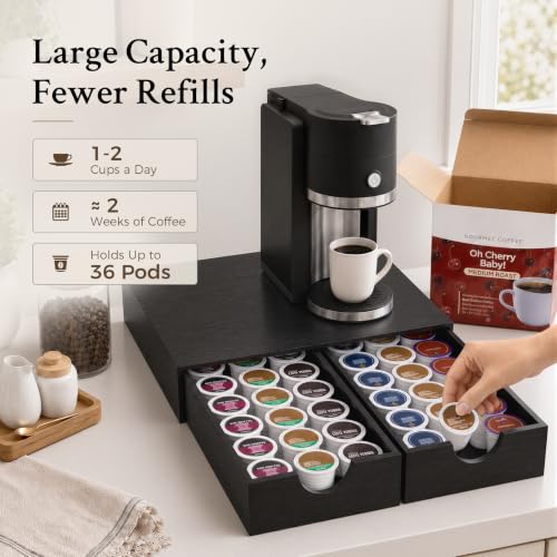 Wooden K Cup Holder with 36 Pod Capacity - Black Coffee Organizer Drawer