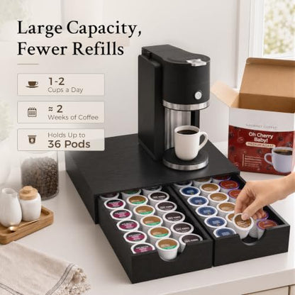 Wooden K Cup Holder with 36 Pod Capacity - Black Coffee Organizer Drawer