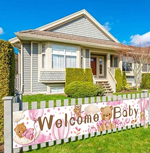 Large Pink Welcome Baby Sign Banner Baby Shower Party Decoration Supplies Gender Reveal Party Supplies Decorations Welcome Baby Girl Party Yard Garden Decoration - 9.8 x 1.6 ft